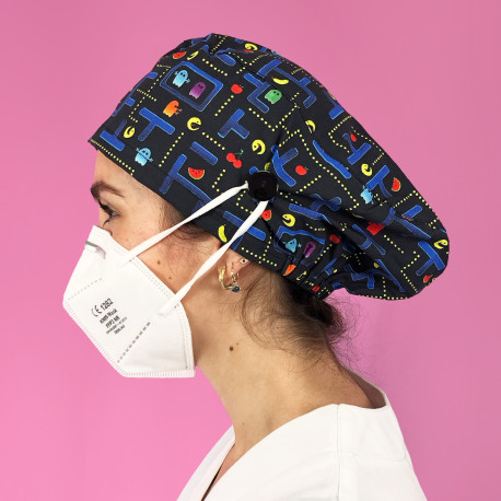 Long Hair Surgical Cap with buttons - Pacman