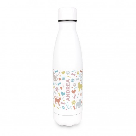 Botella veterinaria de acero inoxidable de 700 ml con estampado de perros, gatos, huellas y accesorios médicos en tonos pastel.