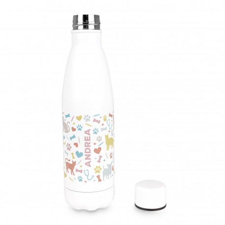 Botella de acero inoxidable veterinaria con tapa desenroscada, mostrando su interior y boca ancha para fácil llenado.
