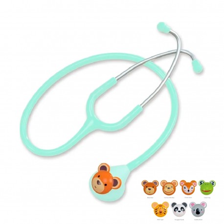Fonendoscopio pediátrico color verde aguamarina con figura de animales intercambiable en el cabezal, diseño amigable para niños.