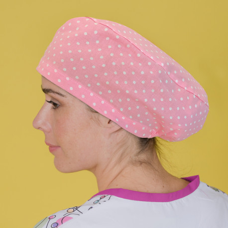 Long Hair Surgical Cap - Dots over pink