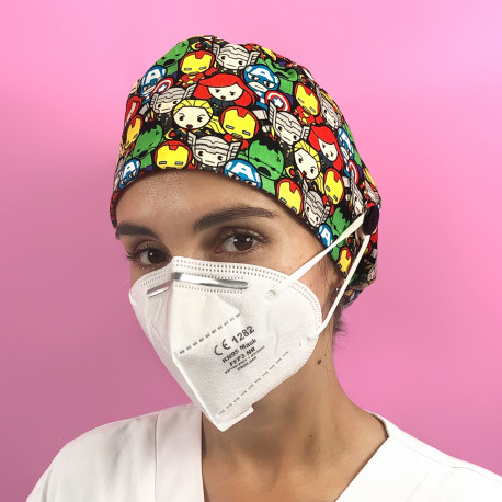 Long hair surgical cap with buttons printed with superheroes