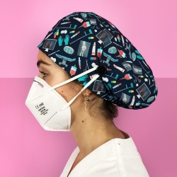 Long Hair Surgical Cap with buttons - Blue Instruments