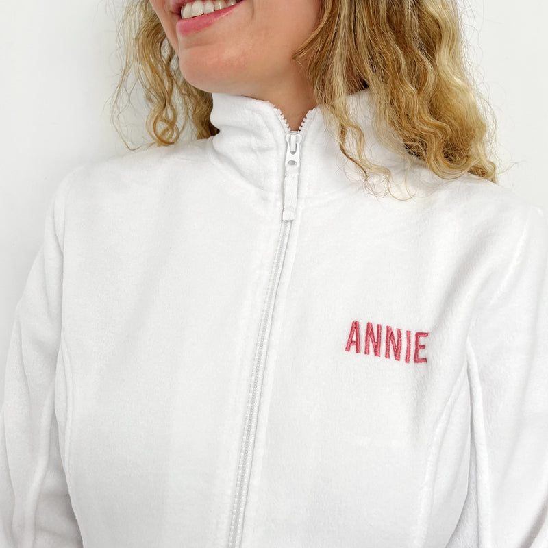 Women's Fleece Scrub Top with Custom Embroidery – White-zoom-