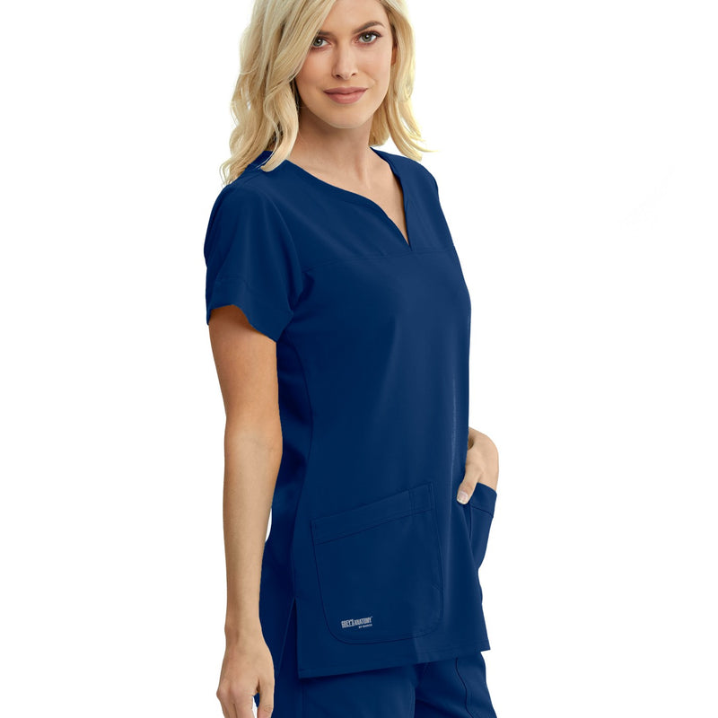Women's V-neck blouse with 2 pockets, indigo blue, Grey's Anatomy -zoom-