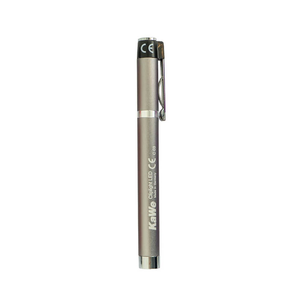 linterna pupilar médica de color gris en forma de bolígrafo