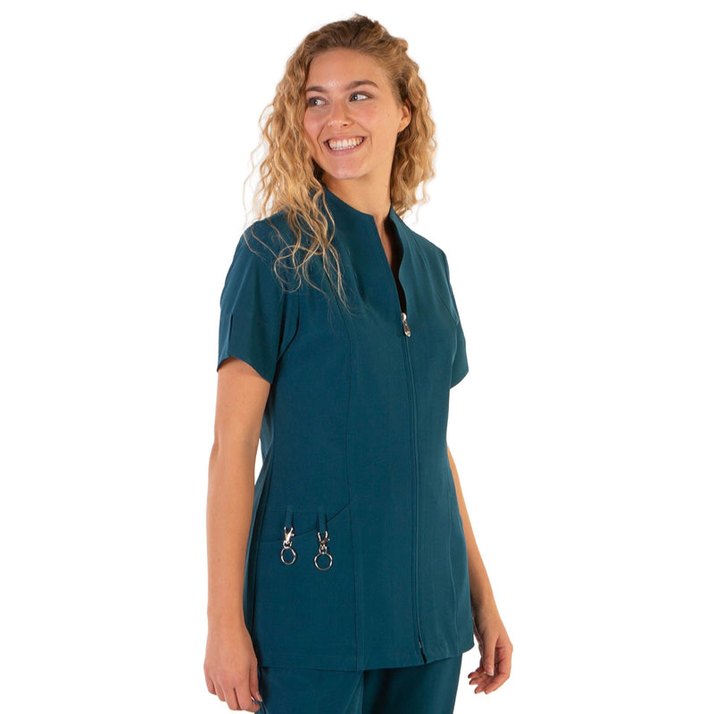 Women's blouse with 360° microfiber zip, petrol blue-zoom-