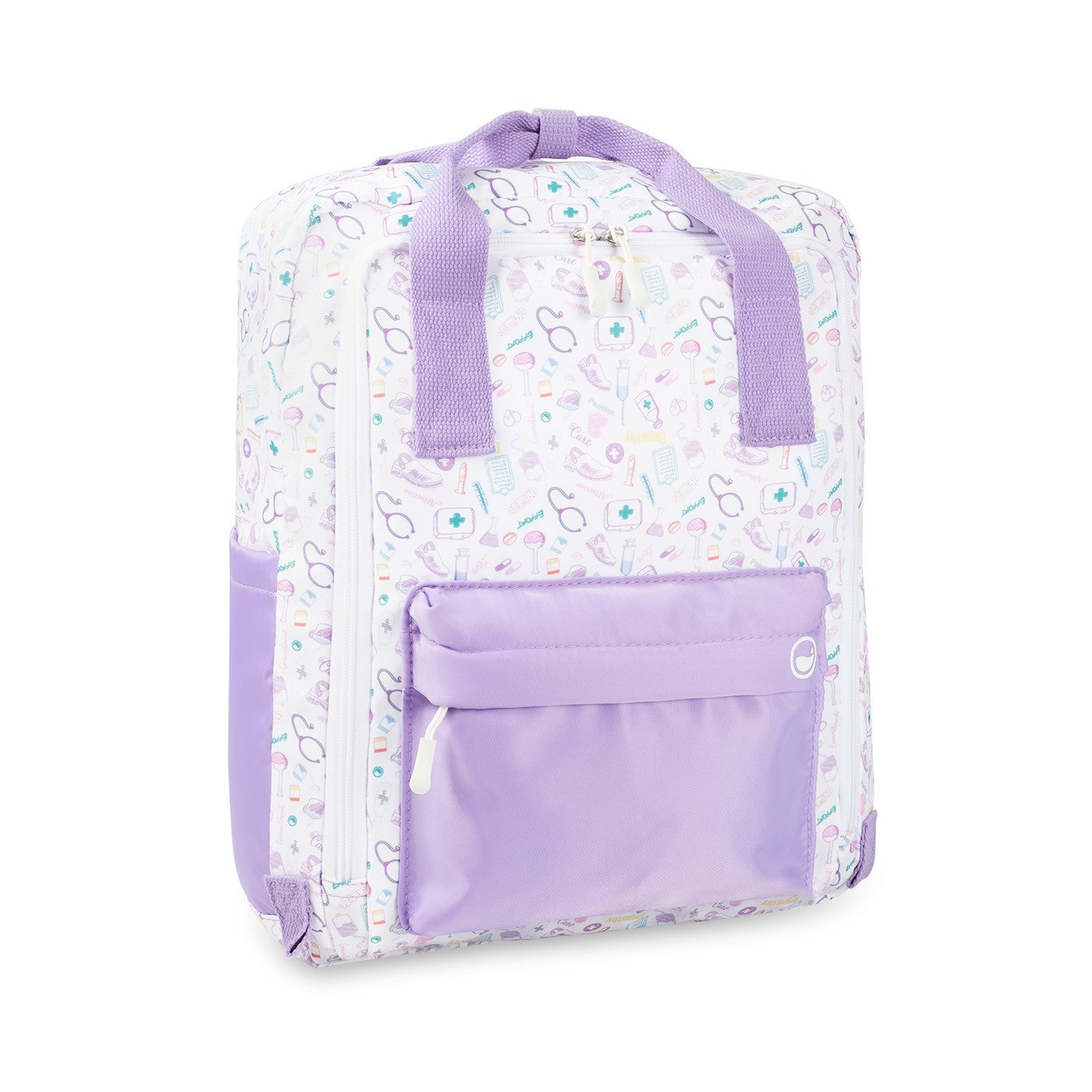 mochila care collection en tonos lavanda y blanco