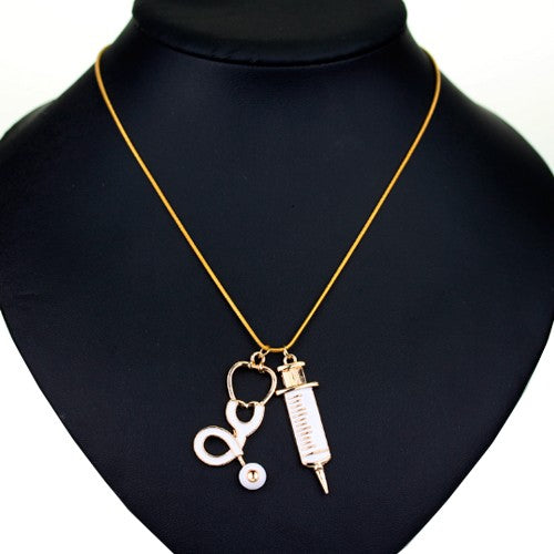 Pendants with Chain (gold/white) - Syringe + Stethoscope-zoom-