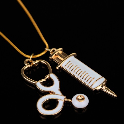 Pendants with Chain (gold/white) - Syringe + Stethoscope-zoom-