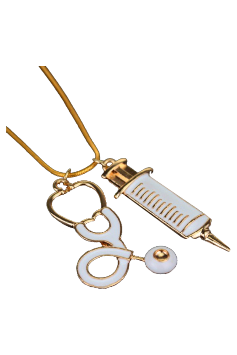 Pendants with Chain (gold/white) - Syringe + Stethoscope-zoom-