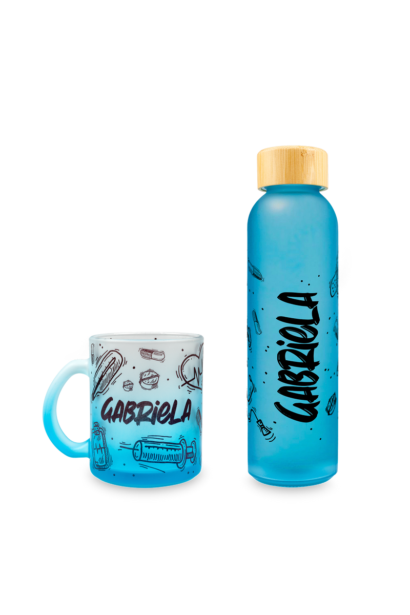 Blue glass bottle and mug set - Motion-zoom-