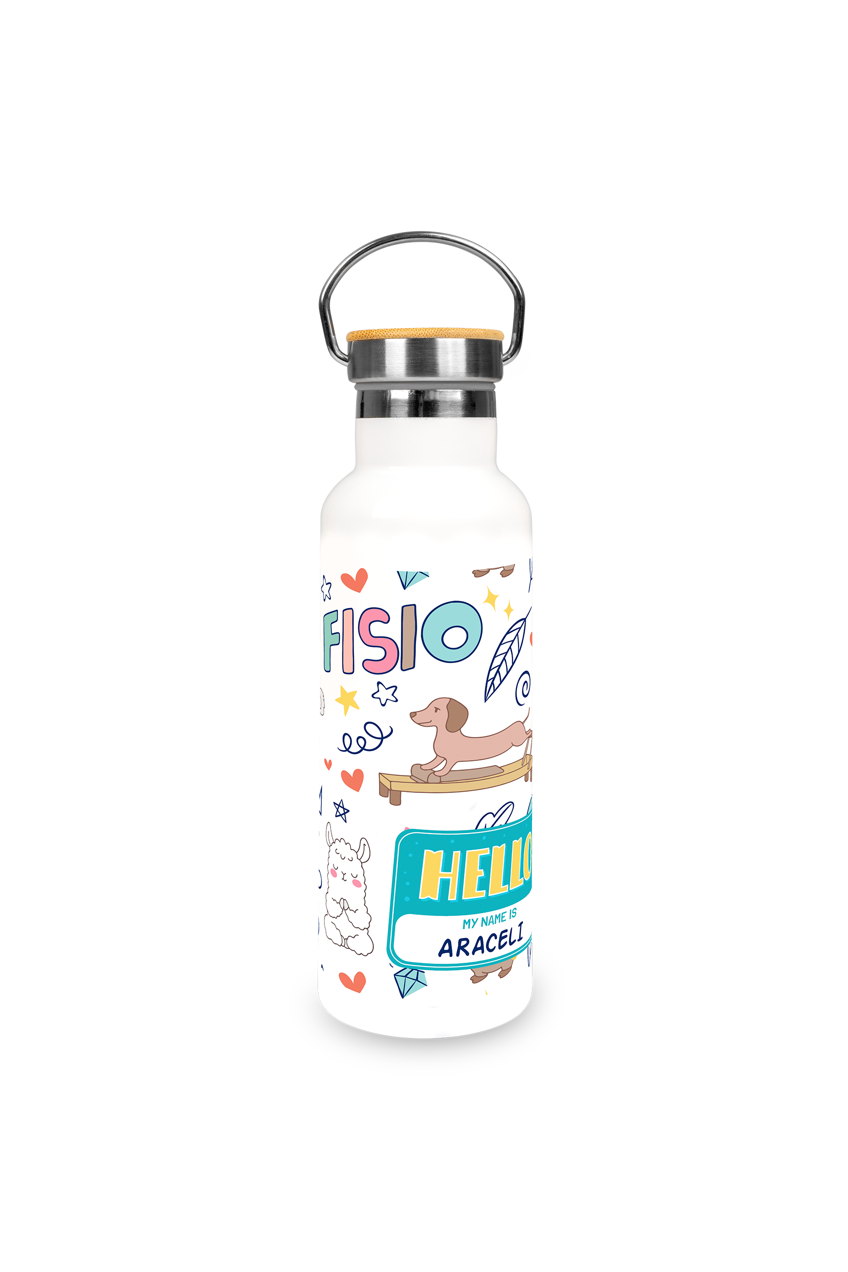 Stainless Steel Thermal Water Bottle with Bamboo Lid | Animalitos Fisio-zoom-3