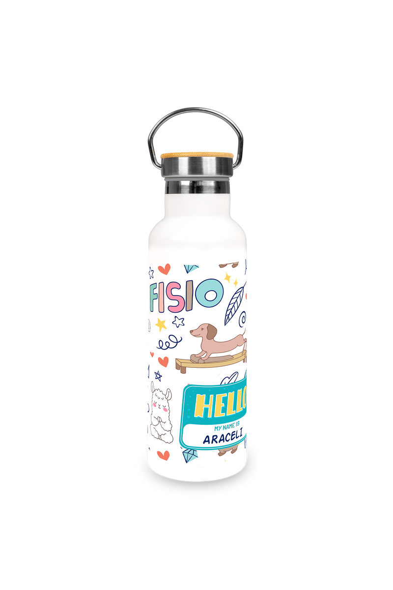 Stainless Steel Thermal Water Bottle with Bamboo Lid | Animalitos Fisio-zoom-