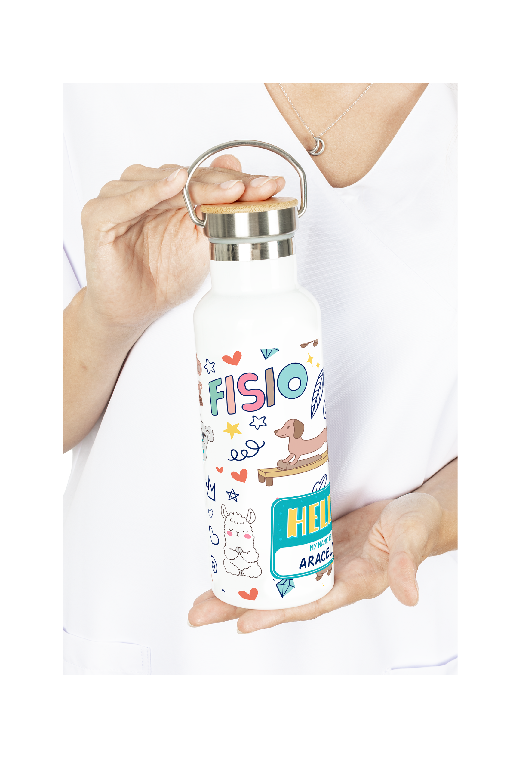 Stainless Steel Thermal Water Bottle with Bamboo Lid | Animalitos Fisio-2
