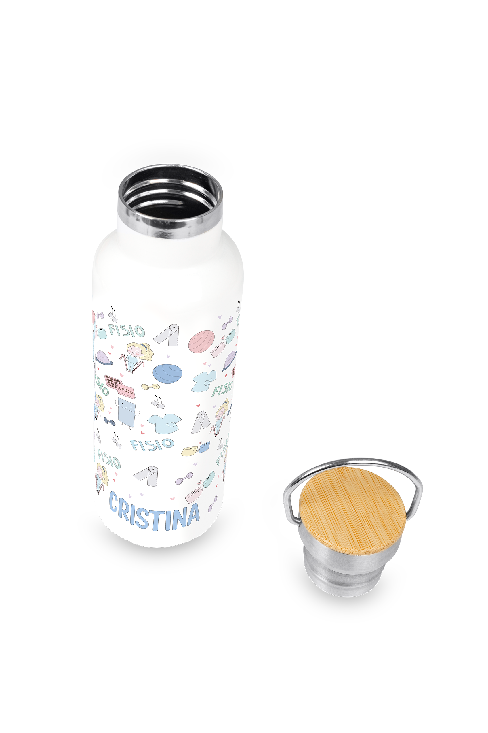Customizable Stainless Steel Water Bottle with Bamboo Lid | Fisio Pastel-zoom-4