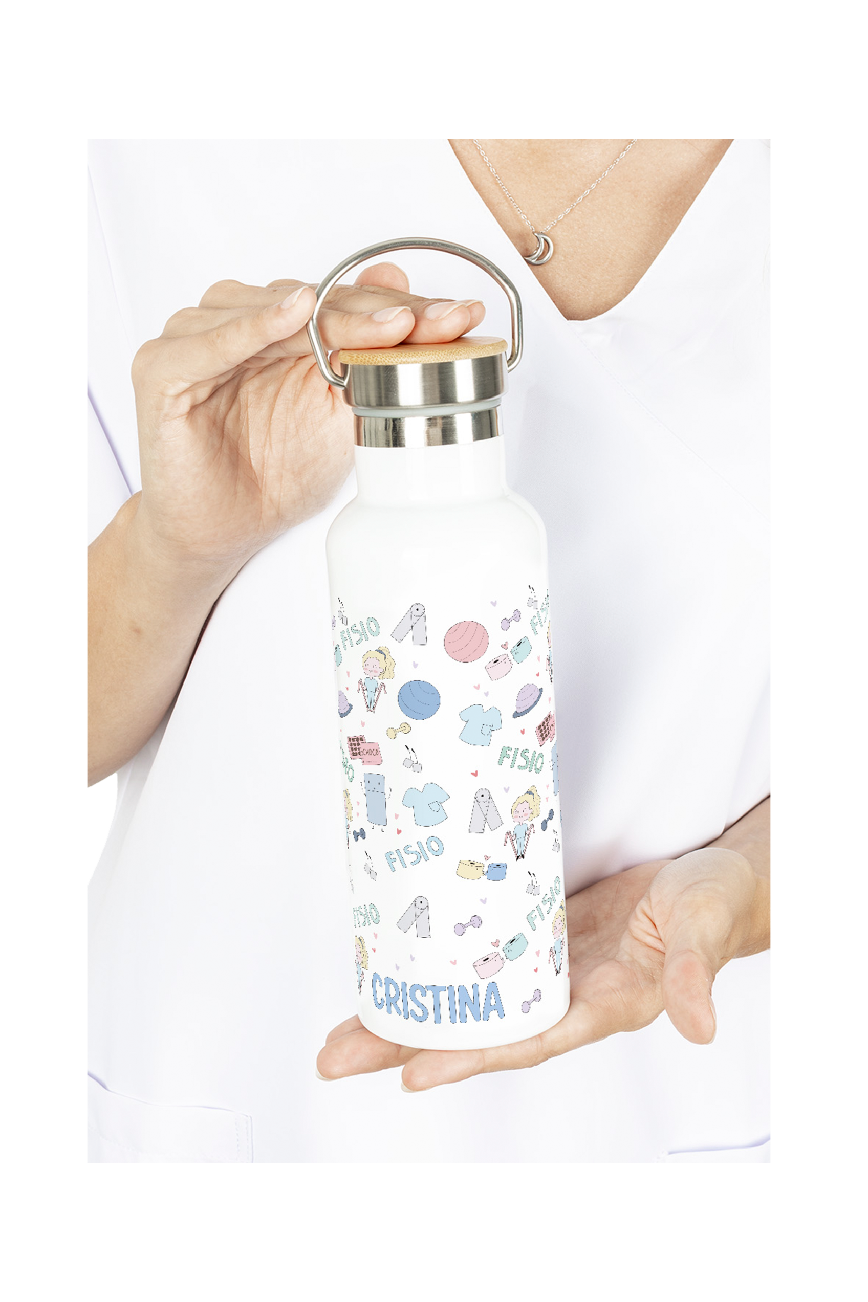 Customizable Stainless Steel Water Bottle with Bamboo Lid | Fisio Pastel-zoom-2