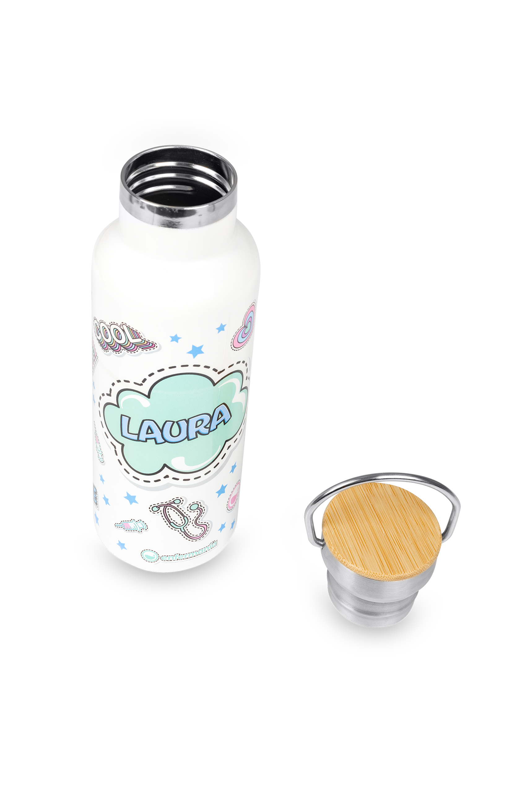 Stainless Steel Thermal Water Bottle with Bamboo Lid | Stickers Collection-4