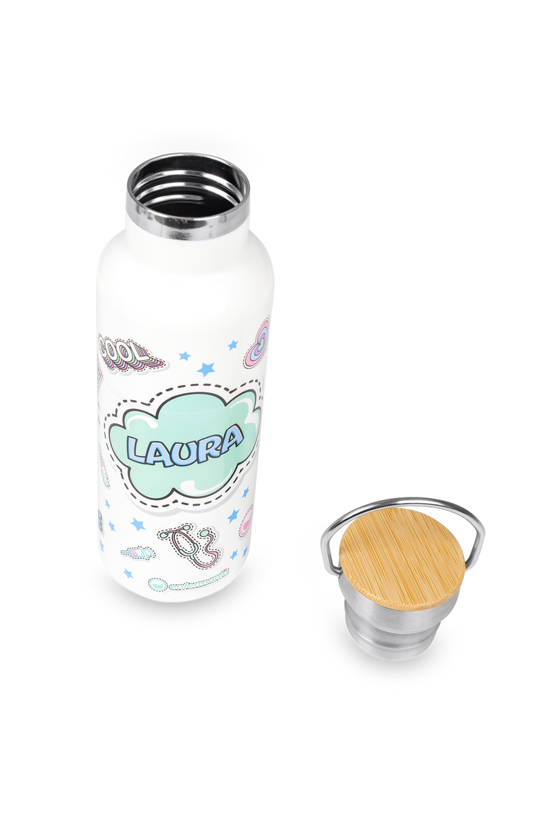 Stainless Steel Thermal Water Bottle with Bamboo Lid | Stickers Collection-zoom-