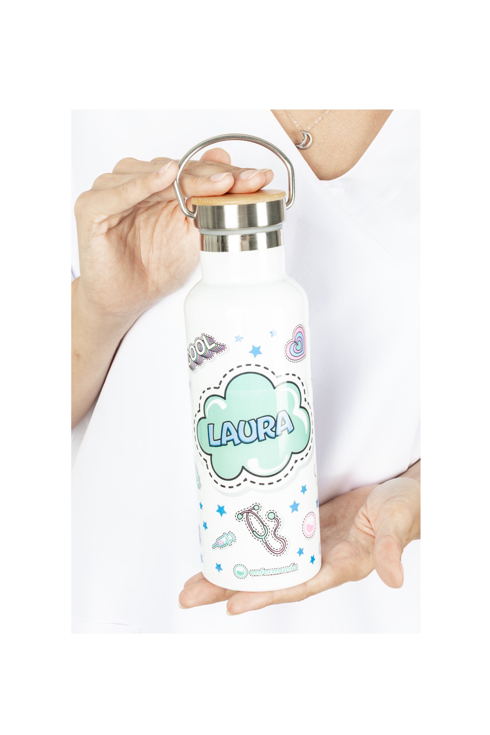 Stainless Steel Thermal Water Bottle with Bamboo Lid | Stickers Collection