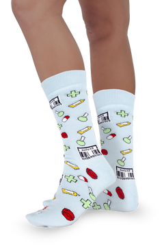 Calcetines con estampado de farmacia en vista de lado