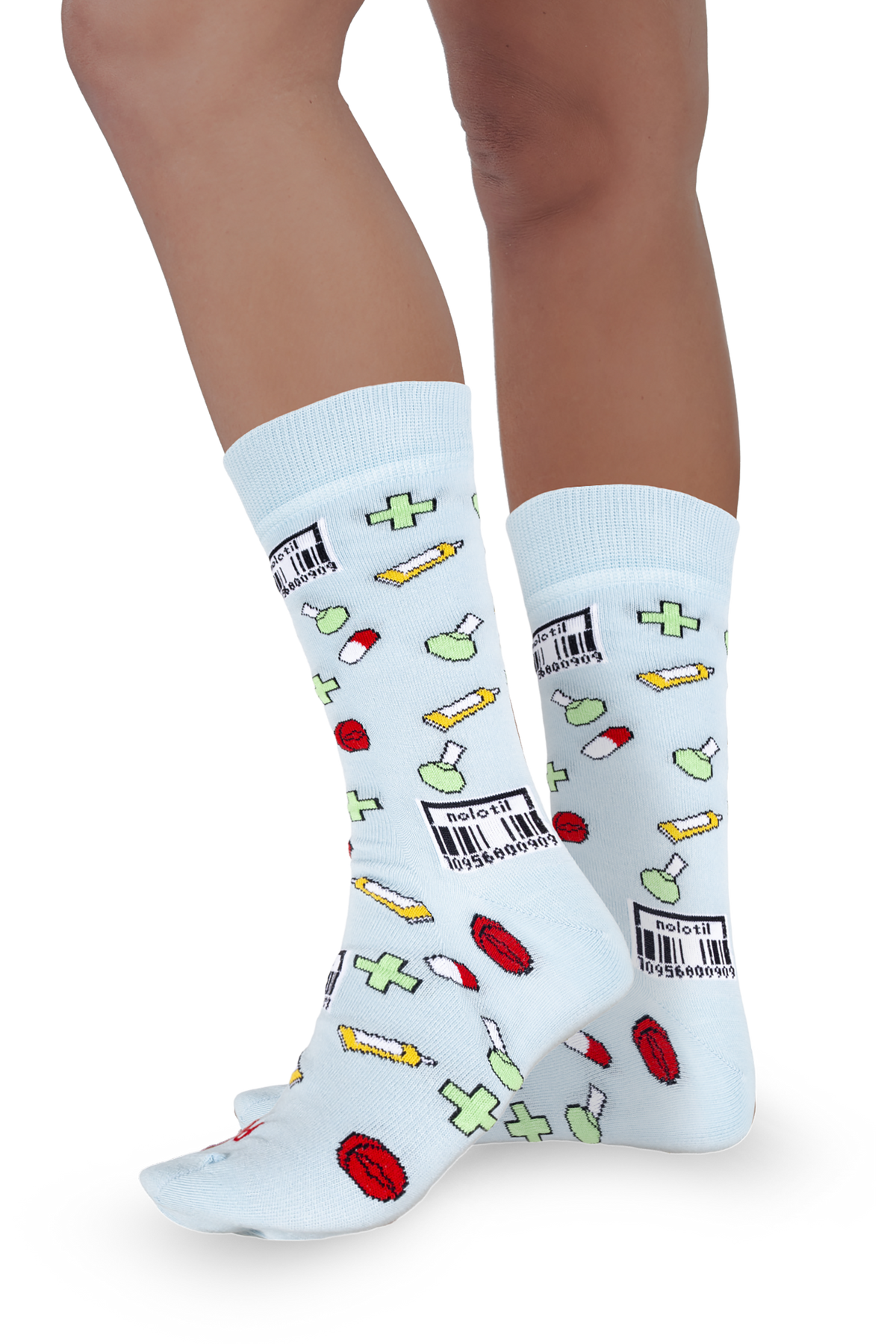 Calcetines con estampado de farmacia en vista de lado