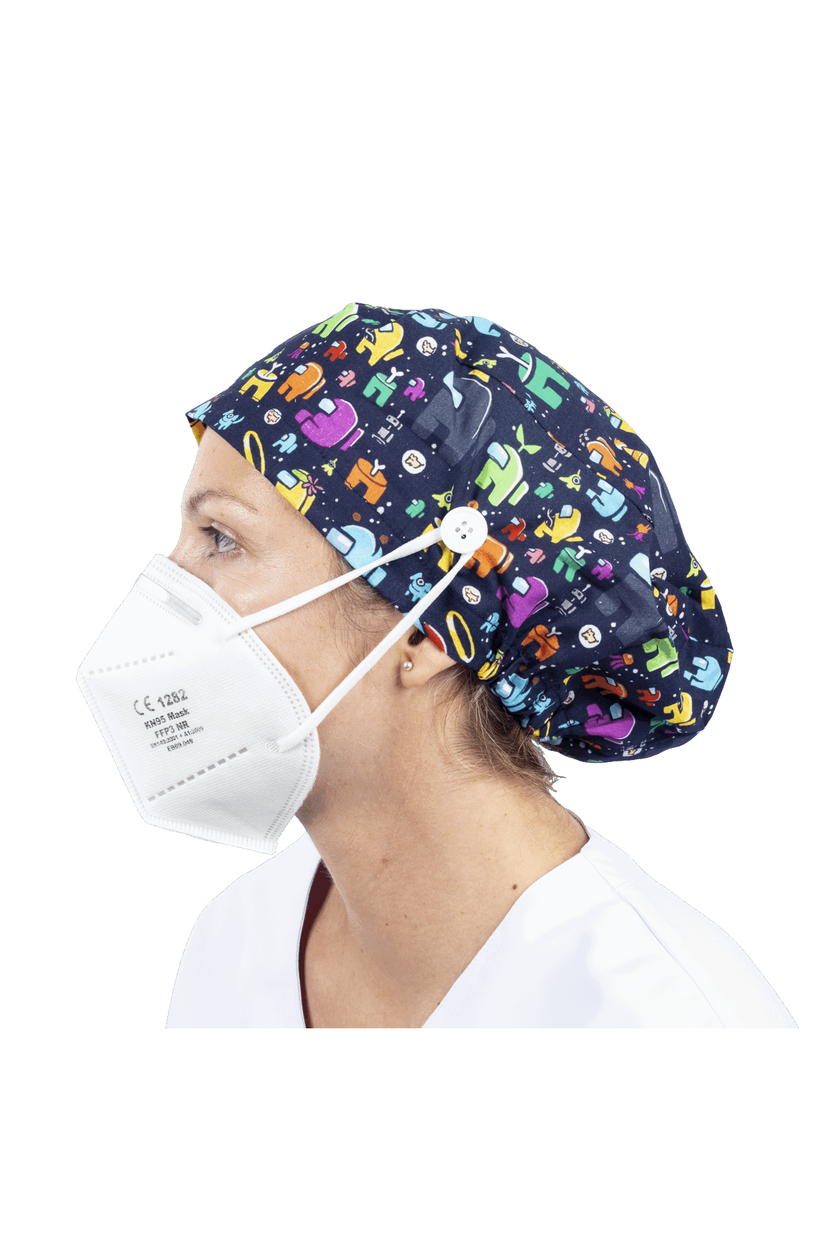 Surgical cap for long hair with buttons - Printed-zoom-8