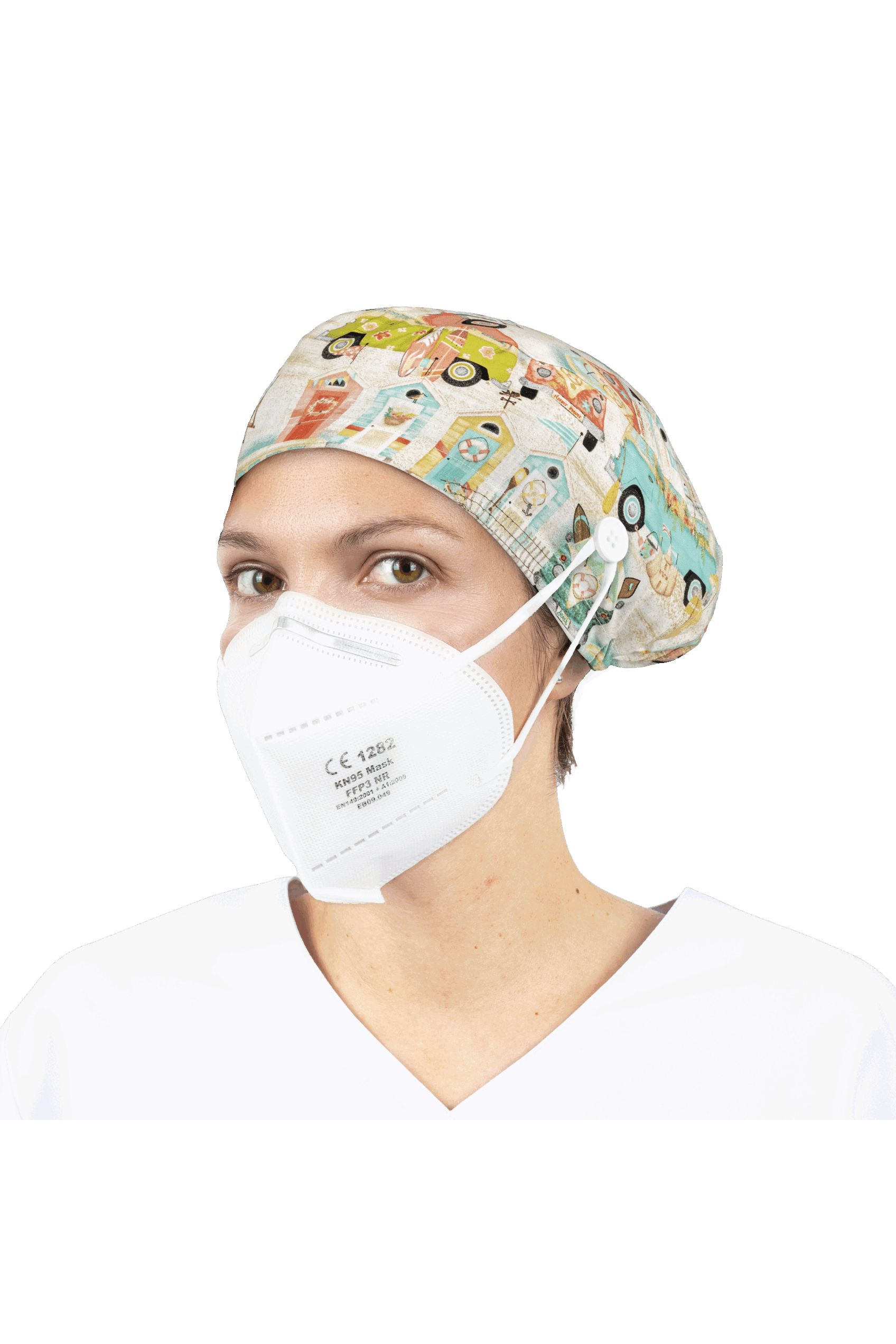 Surgical cap for long hair with buttons - Printed-zoom-43