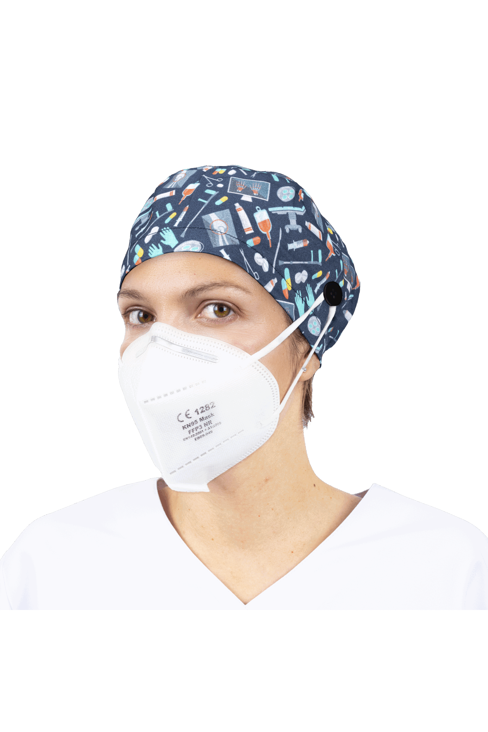Surgical cap for long hair with buttons - Printed-zoom-41