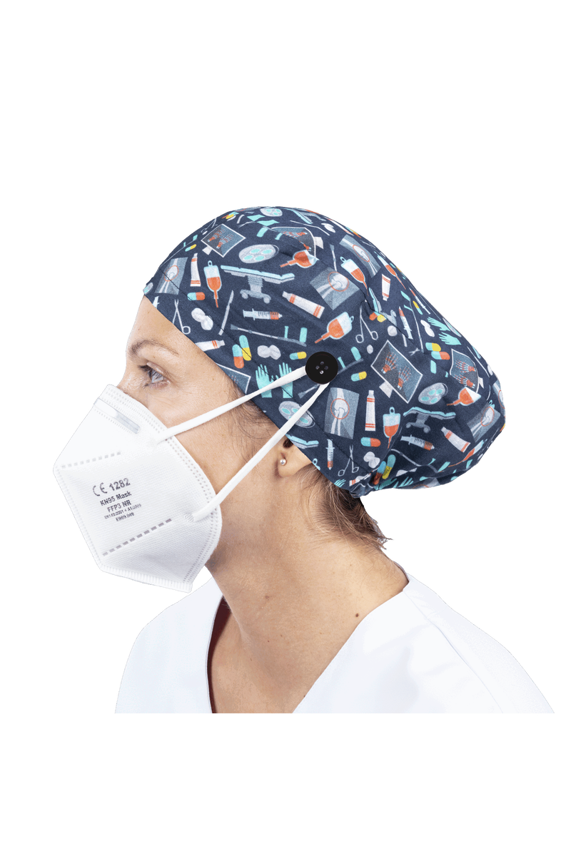 Surgical cap for long hair with buttons - Printed-zoom-