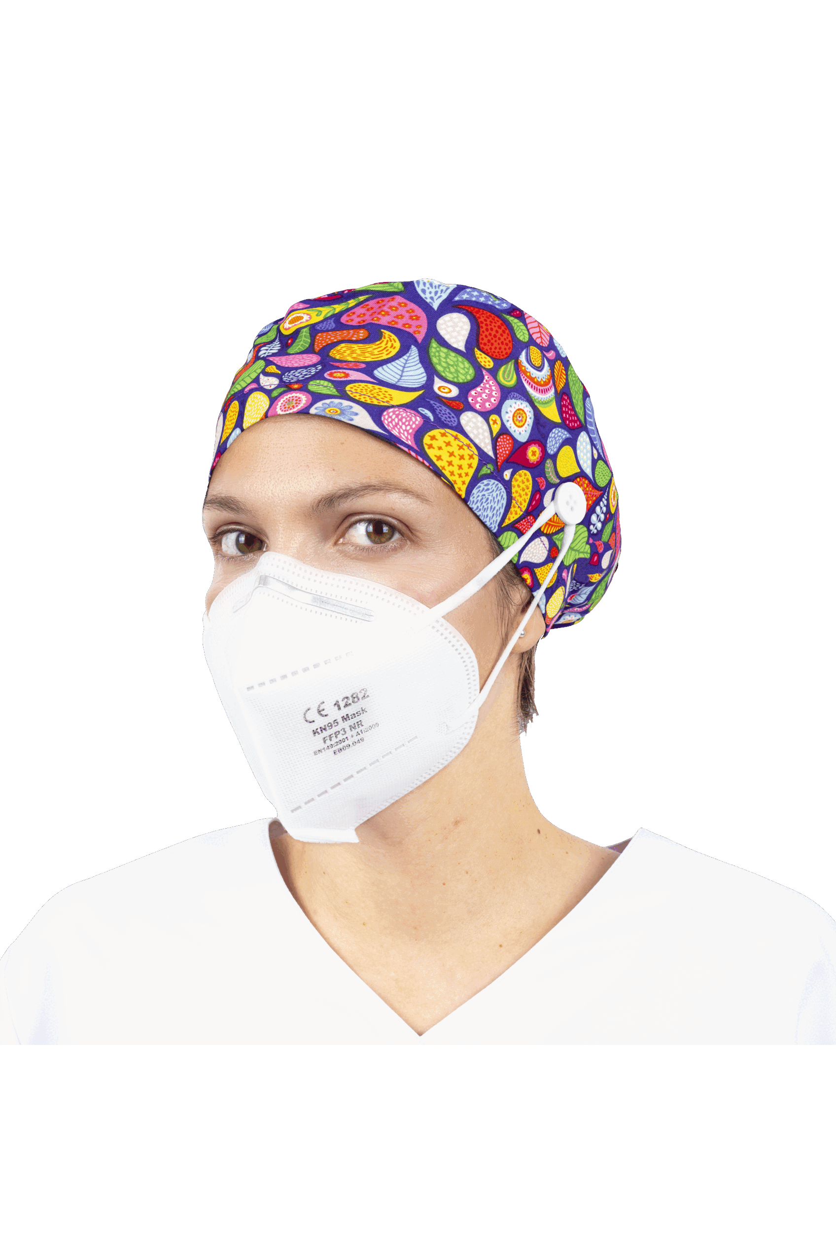 Surgical cap for long hair with buttons - Printed-zoom-24