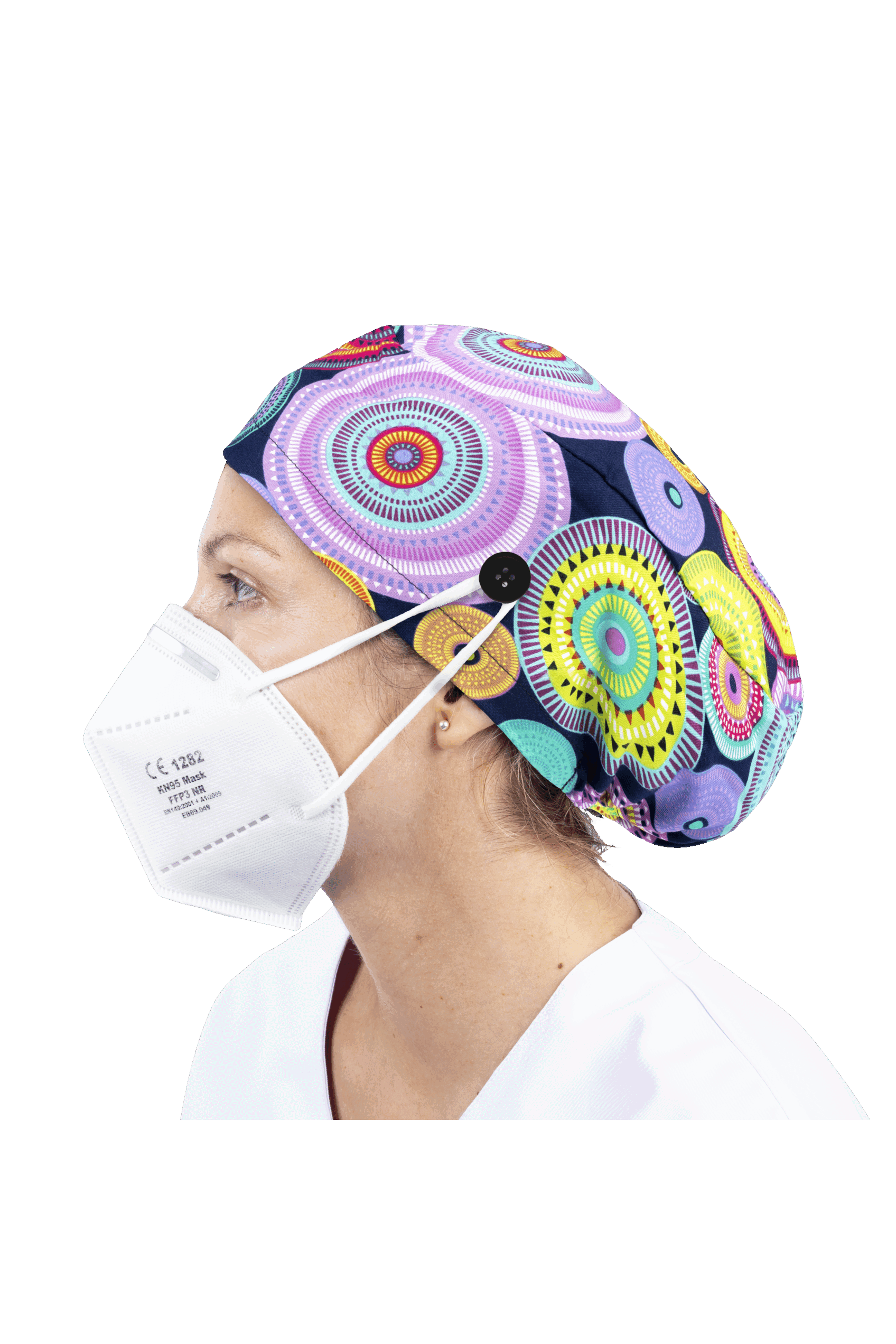 Surgical cap for long hair with buttons - Printed-zoom-31