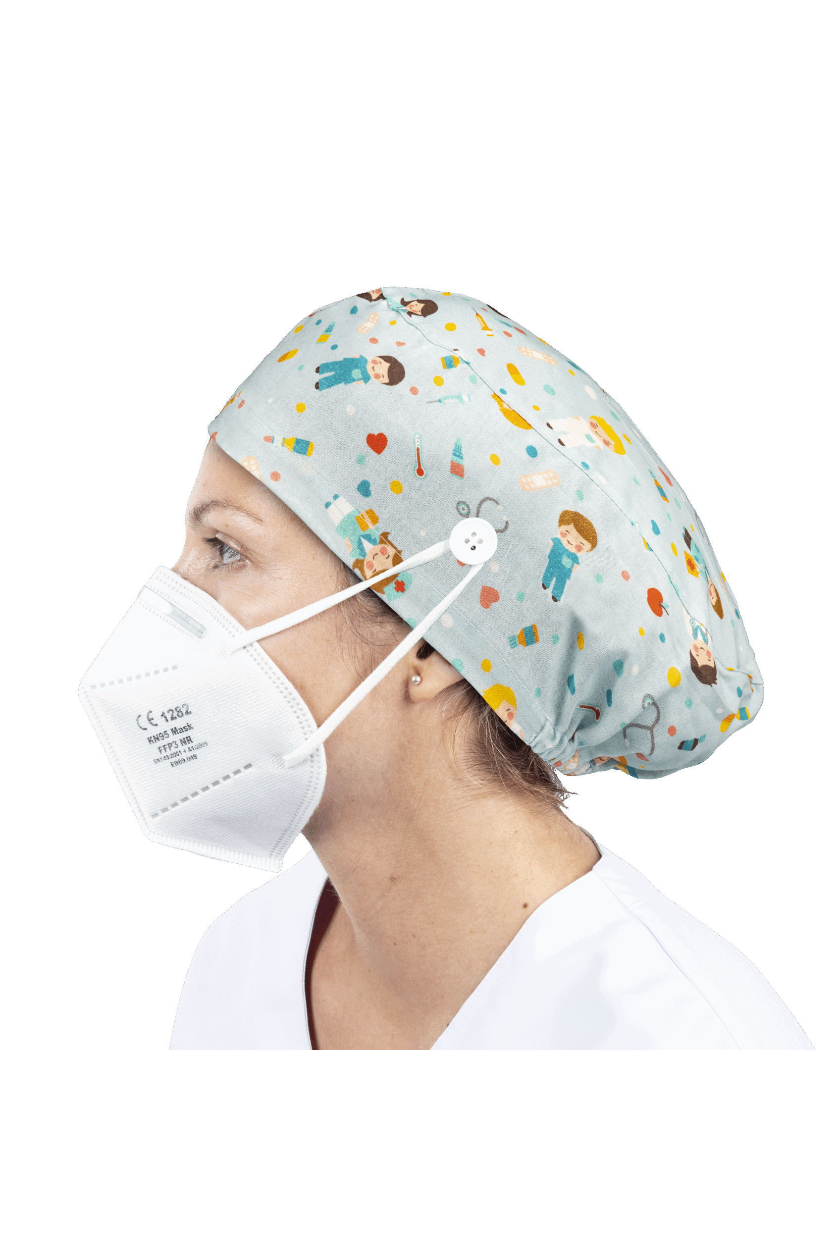 Surgical cap for long hair with buttons - Printed-zoom-33