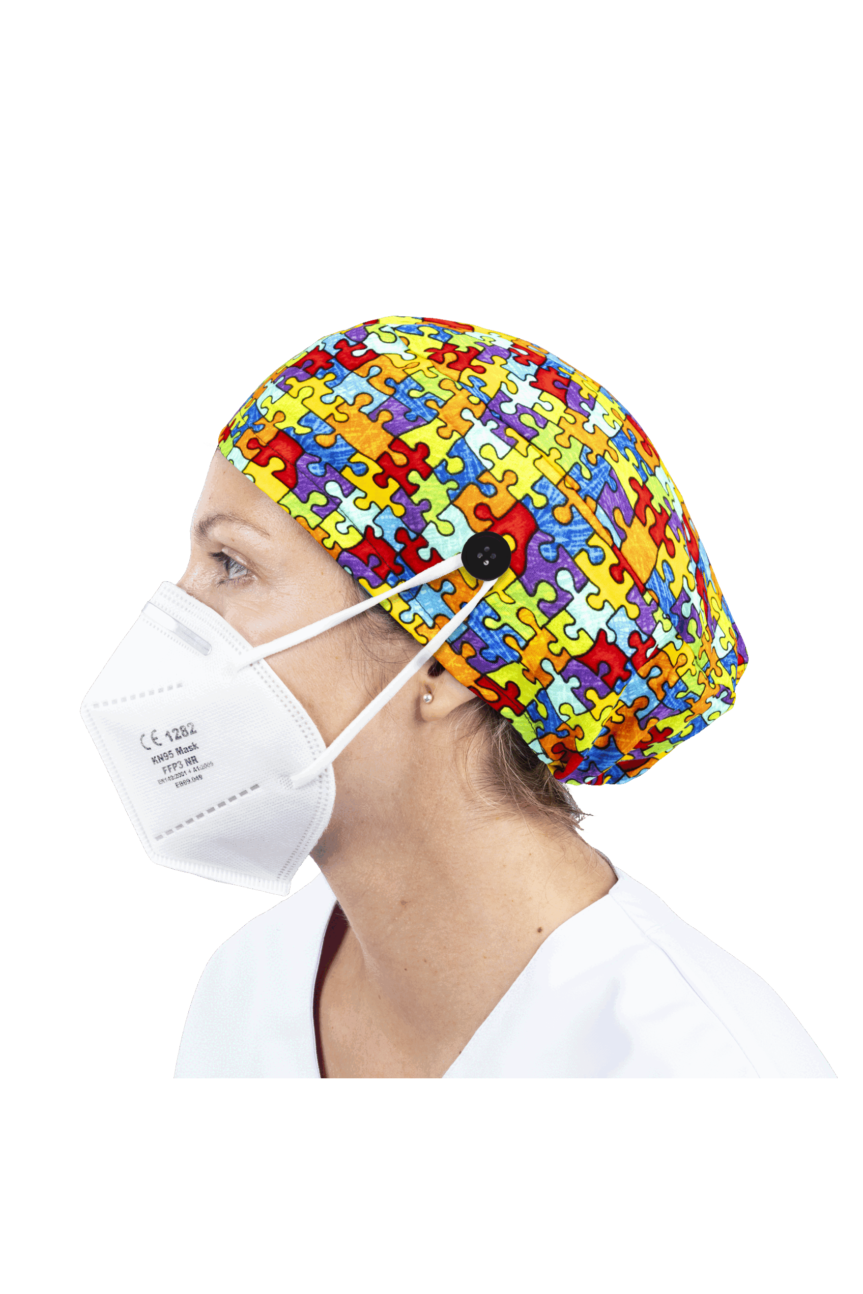 Surgical cap for long hair with buttons - Printed-zoom-37