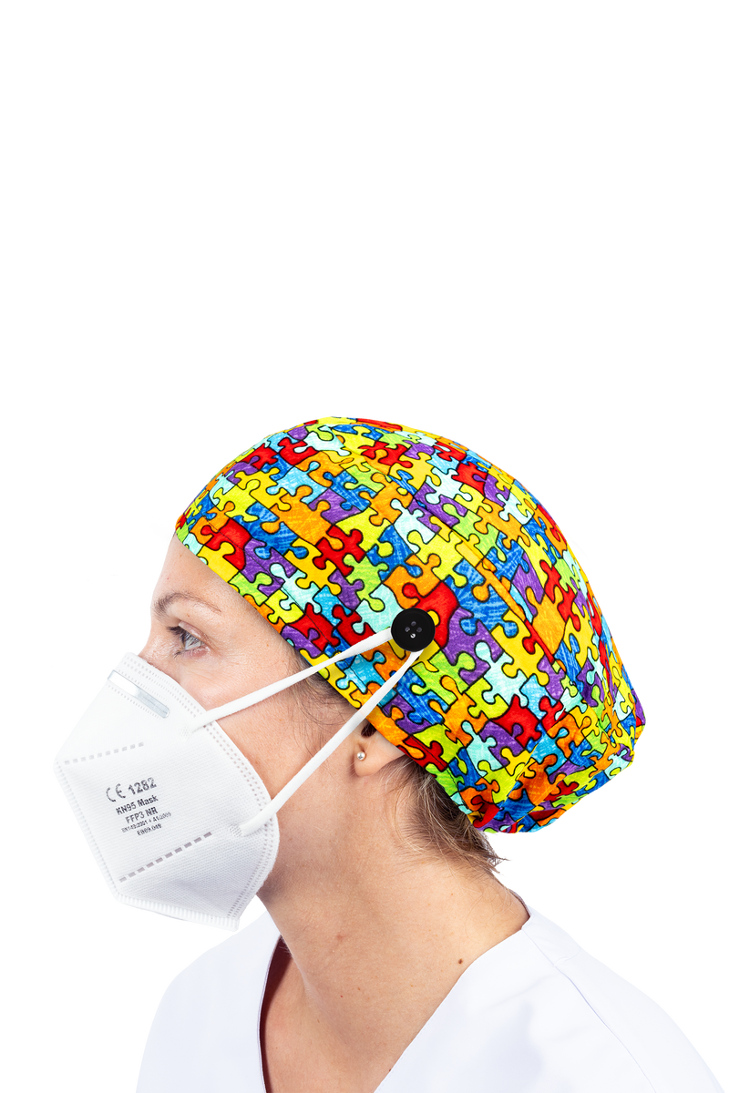 Surgical cap for long hair with buttons - Printed-zoom-