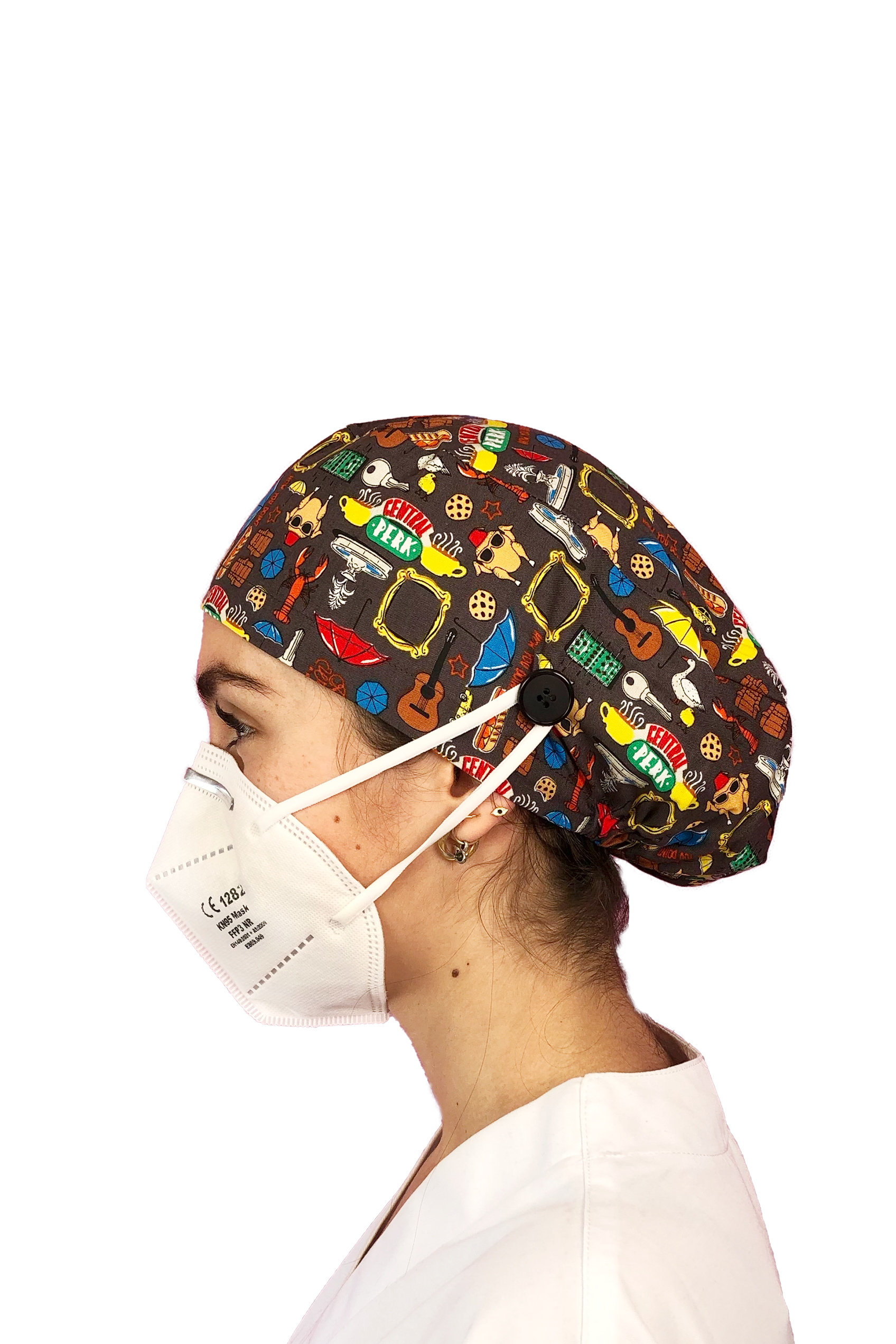 Surgical cap for long hair with buttons - Printed-zoom-6