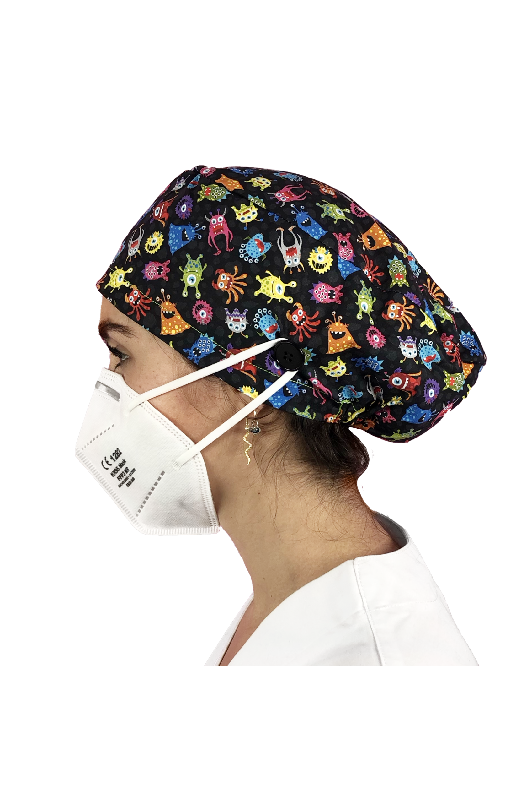 Surgical cap for long hair with buttons - Printed-zoom-4