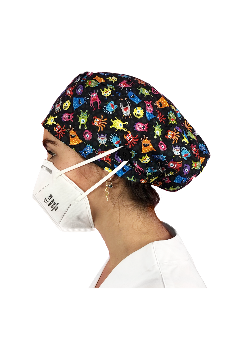 Surgical cap for long hair with buttons - Printed-zoom-