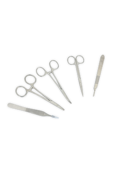 Pinza, portaagujas y tijeras del kit de sutura para practicar