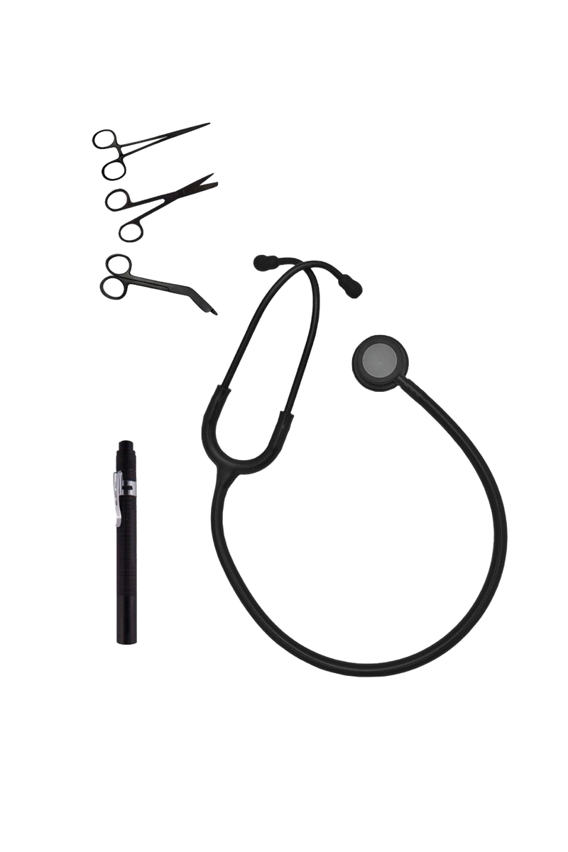 Kit para Estudiantes de Enfermería Duovitec – Fonendoscopio, Linterna y Tijeras Negro Mate-zoom-