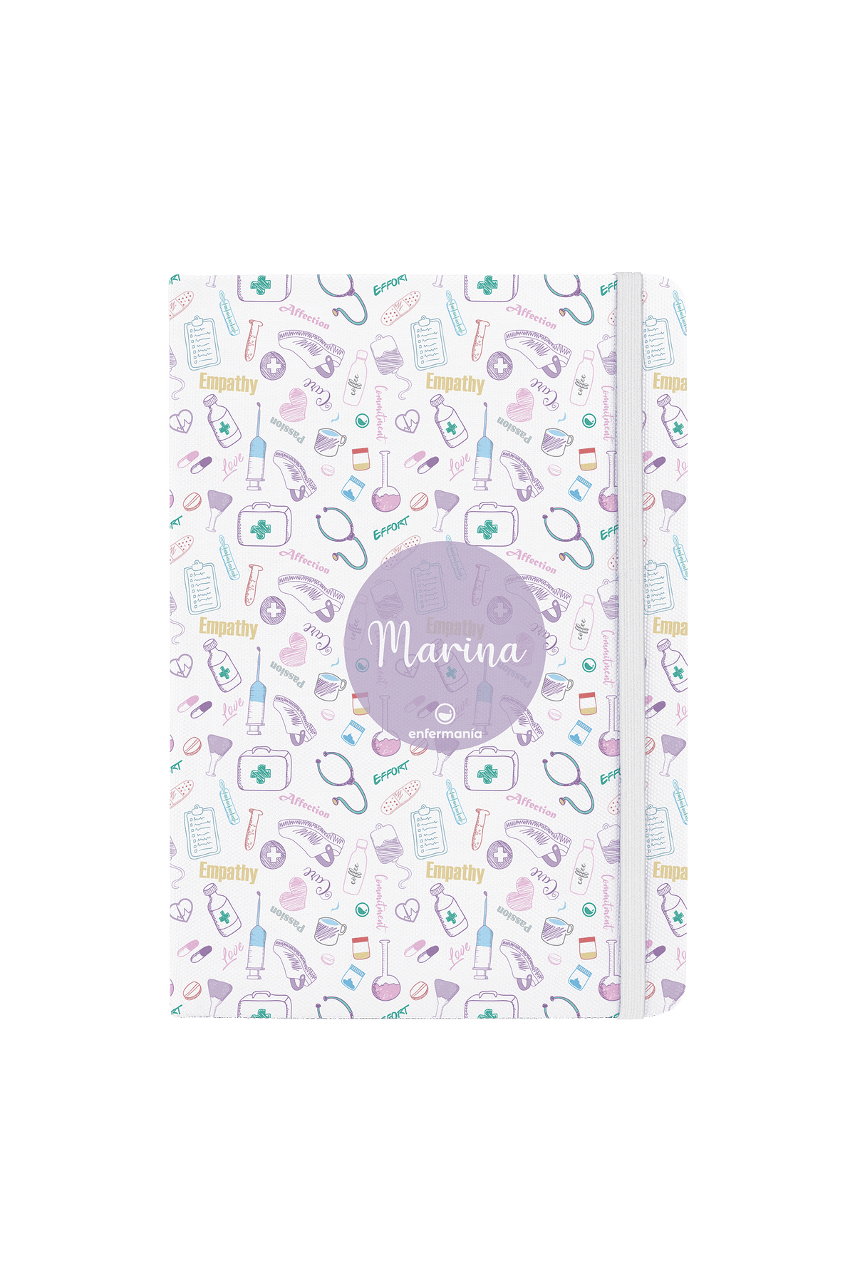 Caderno A5 personalizável com elástico branco – Coleção Care
