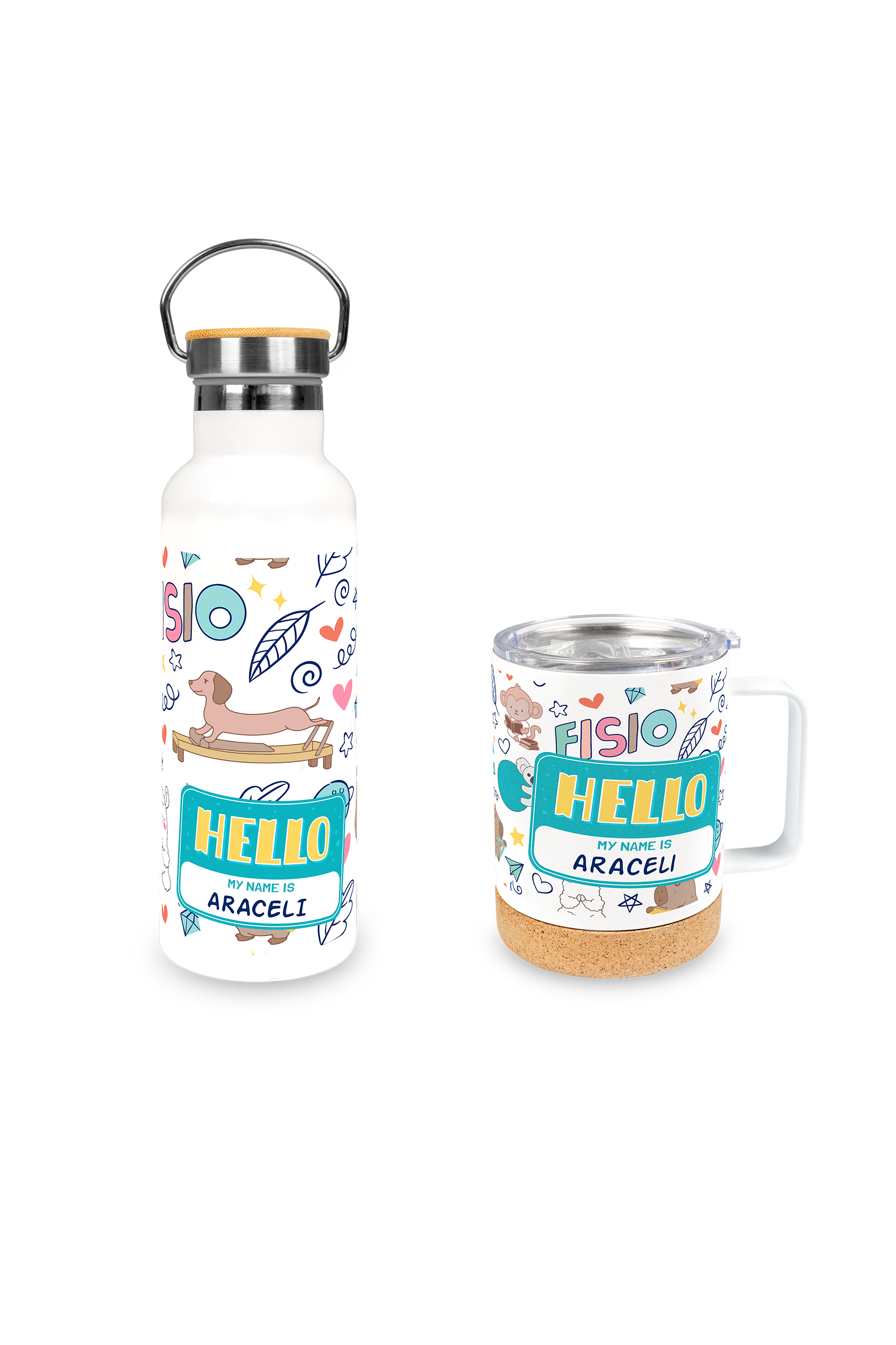 Pack botella y taza de acero - Animalitos Fisio