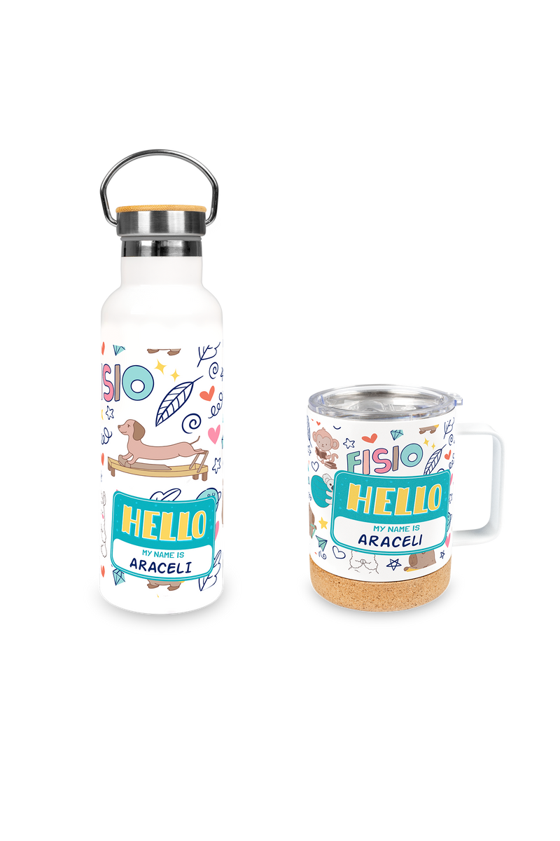 Stainless steel bottle and mug set - Animalitos Fisio-zoom-