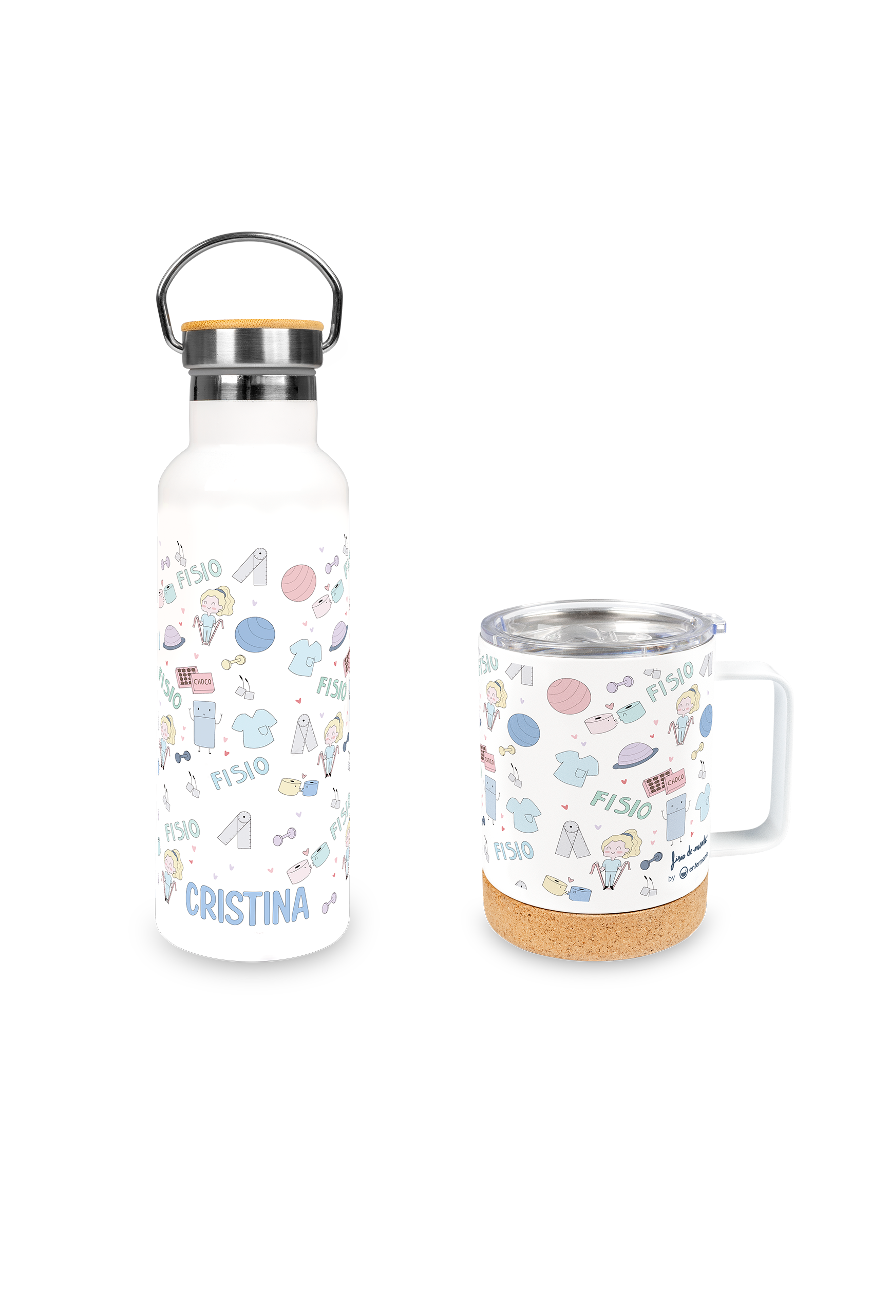 Personalized stainless steel bottle and mug set - Fisio Pastel @fisiode_mente-1