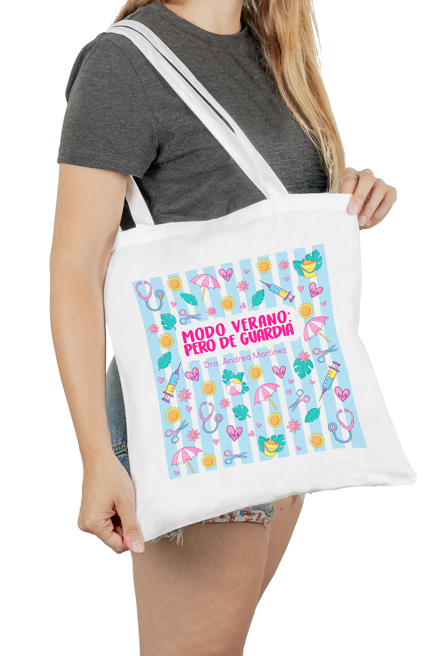 Bolsa tote personalizada para enfermeras y estudiantes sanitarios. en uso